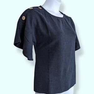 Ellen Tracy Navy Linen Blend Button Top
